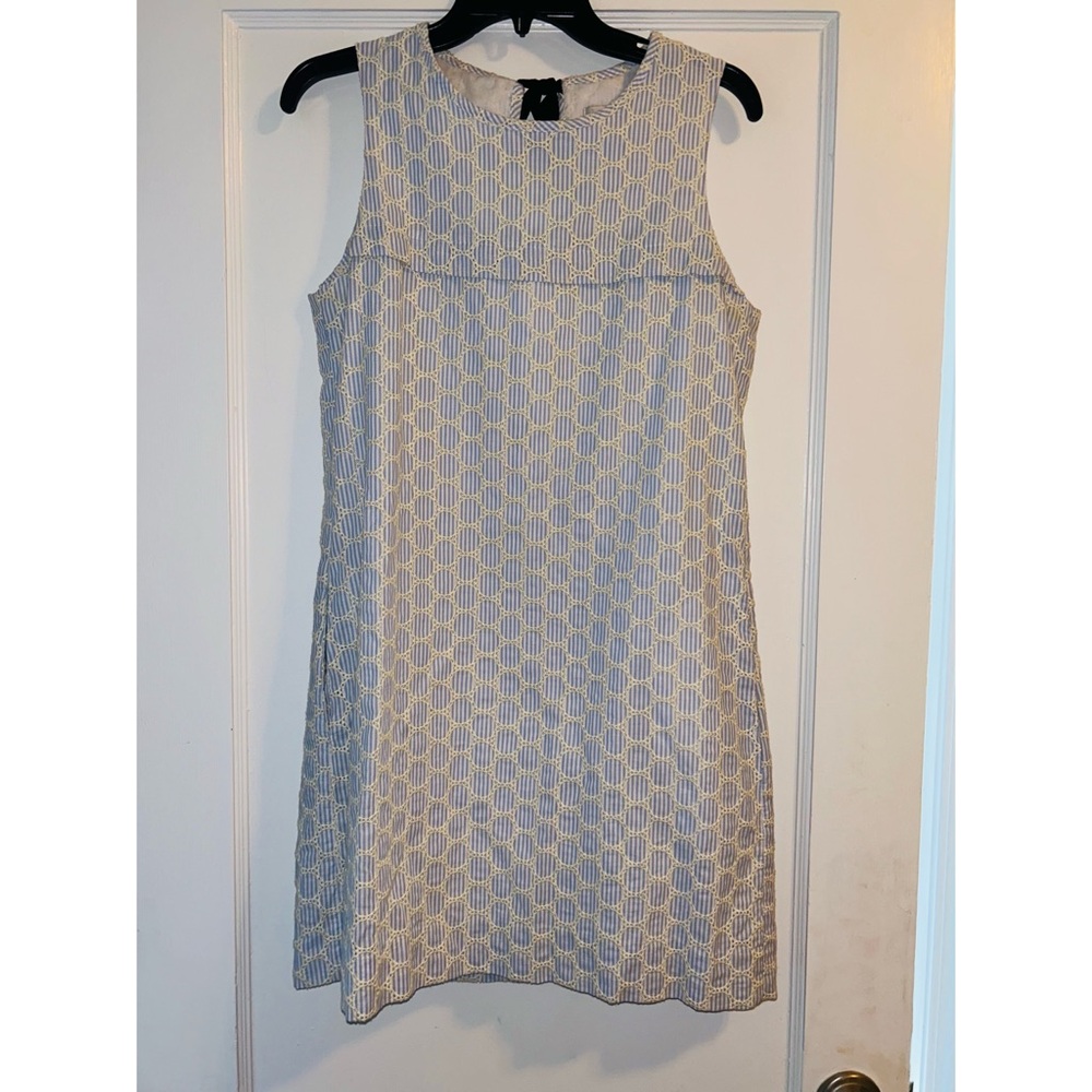 J Crew Size 4 Dress Seersucker Eyelet Blue White Embroidered Sleeveless - Picture 3 of 7